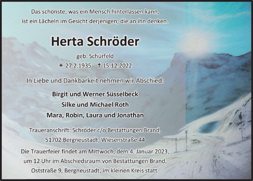  Traueranzeige für Herta Schröder vom 22.12.2022 aus  Anzeigen Echo 