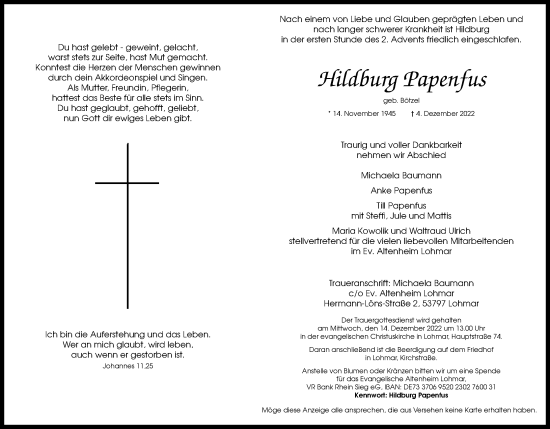 Anzeige von Hildburg Papenfus von Kölner Stadt-Anzeiger / Kölnische Rundschau / Express