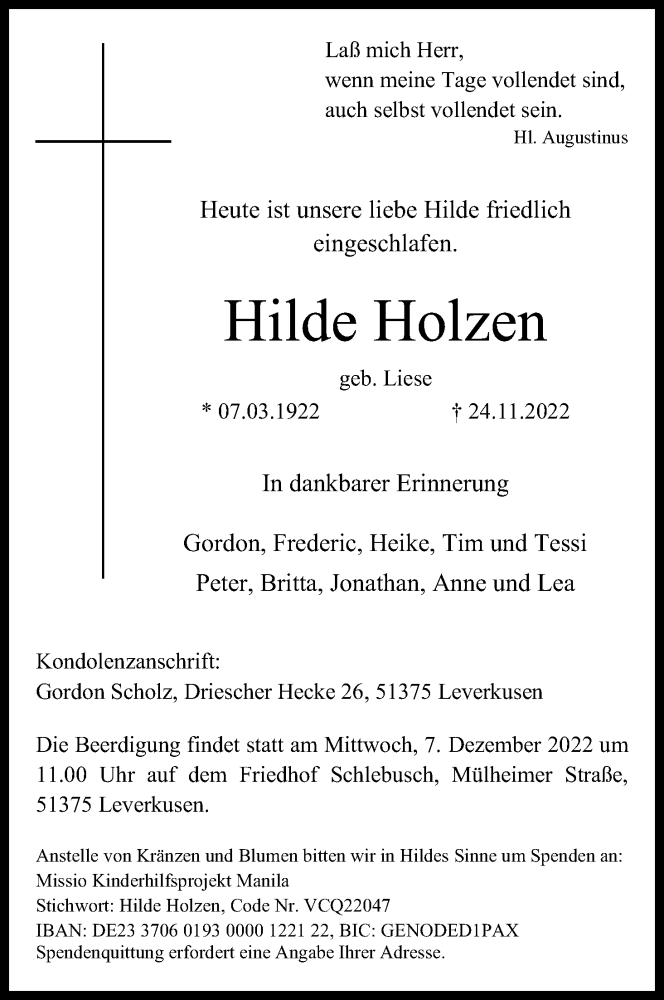 Traueranzeige für Hilde Holzen vom 03.12.2022 aus Kölner Stadt-Anzeiger / Kölnische Rundschau / Express