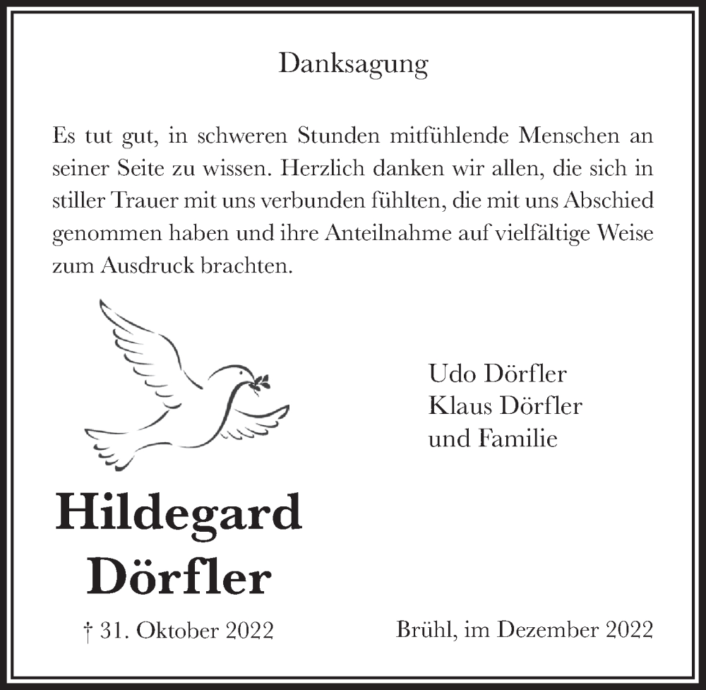  Traueranzeige für Hildegard Dörfler vom 09.12.2022 aus  Schlossbote/Werbekurier 