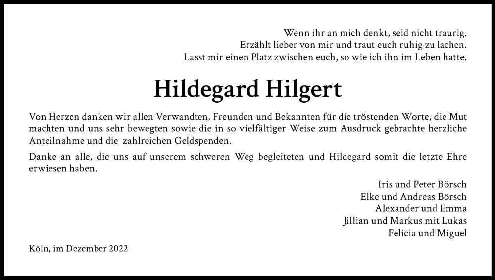  Traueranzeige für Hildegard Hilgert vom 03.12.2022 aus Kölner Stadt-Anzeiger / Kölnische Rundschau / Express