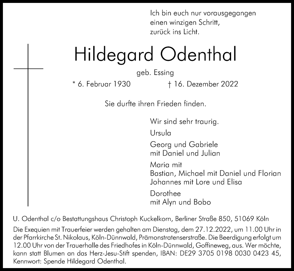 Traueranzeige für Hildegard Odenthal vom 21.12.2022 aus Kölner Stadt-Anzeiger / Kölnische Rundschau / Express