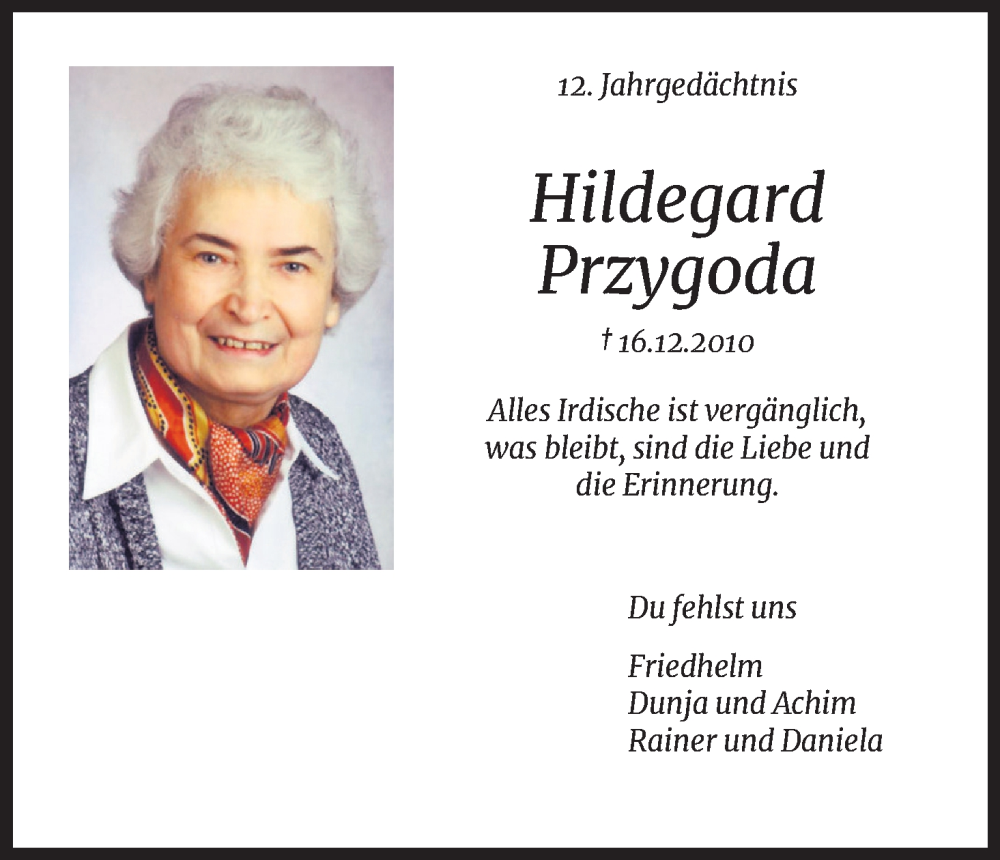  Traueranzeige für Hildegard Przygoda vom 16.12.2022 aus Kölner Stadt-Anzeiger / Kölnische Rundschau / Express