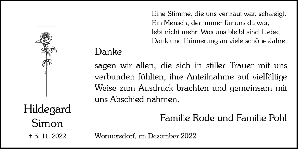  Traueranzeige für Hildegard Simon vom 03.12.2022 aus  Schaufenster/Blickpunkt 