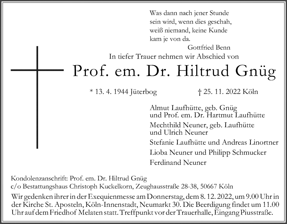  Traueranzeige für Hiltrud Gnüg vom 03.12.2022 aus Kölner Stadt-Anzeiger / Kölnische Rundschau / Express