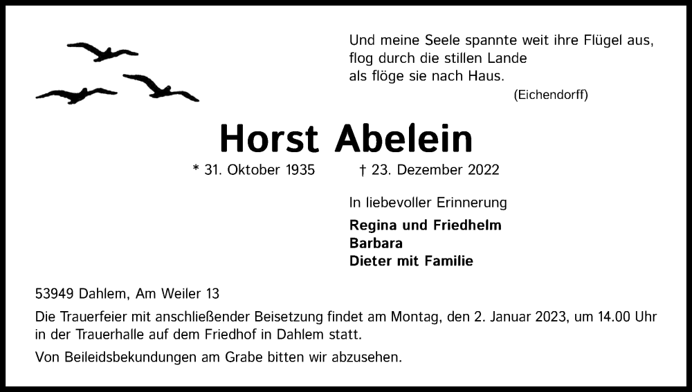  Traueranzeige für Horst Abelein vom 31.12.2022 aus Kölner Stadt-Anzeiger / Kölnische Rundschau / Express