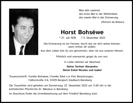Anzeige von Horst Bohséwe von Kölner Stadt-Anzeiger / Kölnische Rundschau / Express