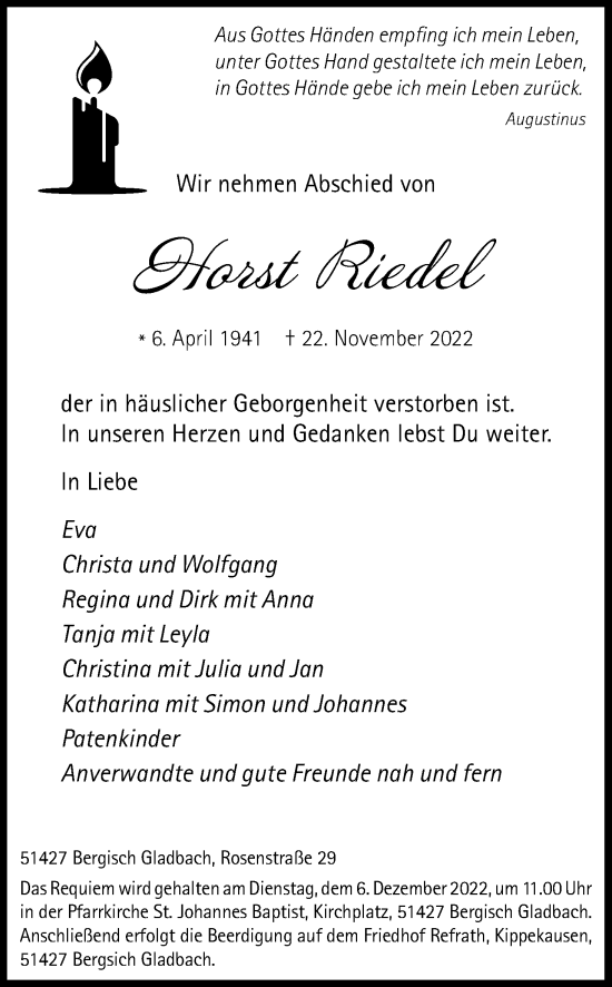 Anzeige von Horst Riedel von Kölner Stadt-Anzeiger / Kölnische Rundschau / Express