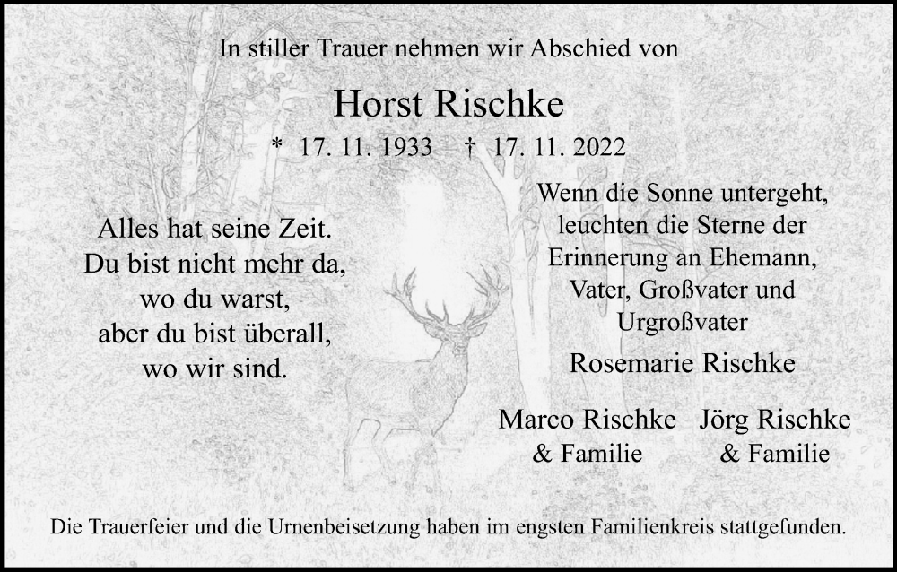  Traueranzeige für Horst Rischke vom 10.12.2022 aus Kölner Stadt-Anzeiger / Kölnische Rundschau / Express