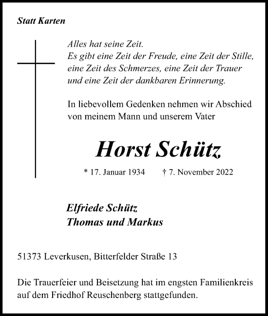 Anzeige von Horst Schütz von Kölner Stadt-Anzeiger / Kölnische Rundschau / Express