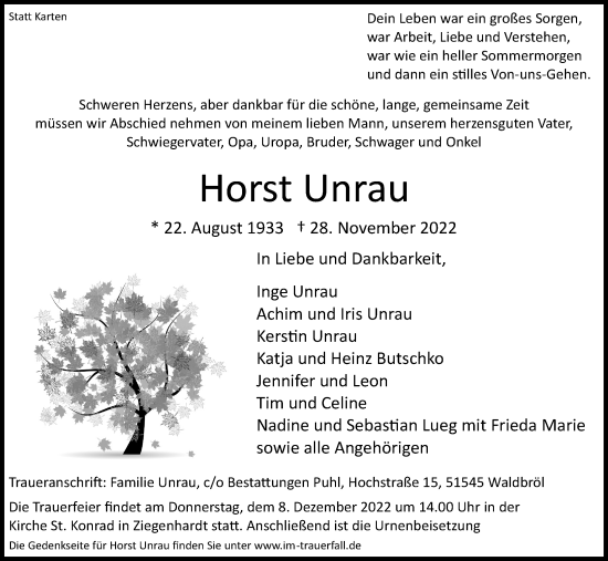 Anzeige von Horst Unrau von Kölner Stadt-Anzeiger / Kölnische Rundschau / Express