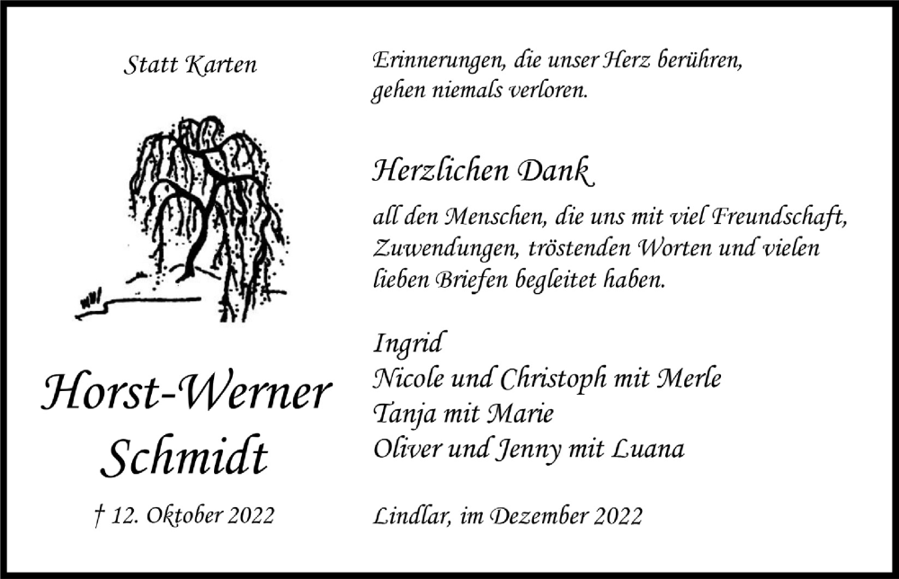  Traueranzeige für Horst-Werner Schmidt vom 02.12.2022 aus  Anzeigen Echo 