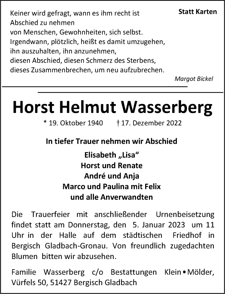  Traueranzeige für Horst Helmut Wasserberg vom 29.12.2022 aus  Bergisches Handelsblatt 