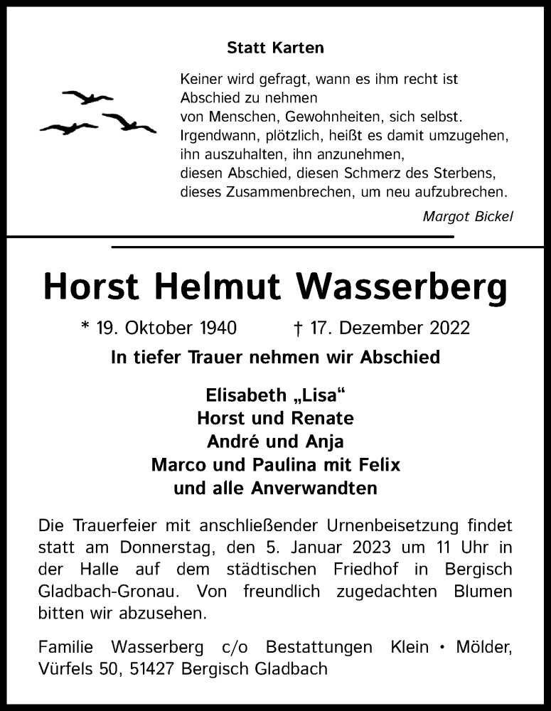  Traueranzeige für Horst Helmut Wasserberg vom 31.12.2022 aus Kölner Stadt-Anzeiger / Kölnische Rundschau / Express