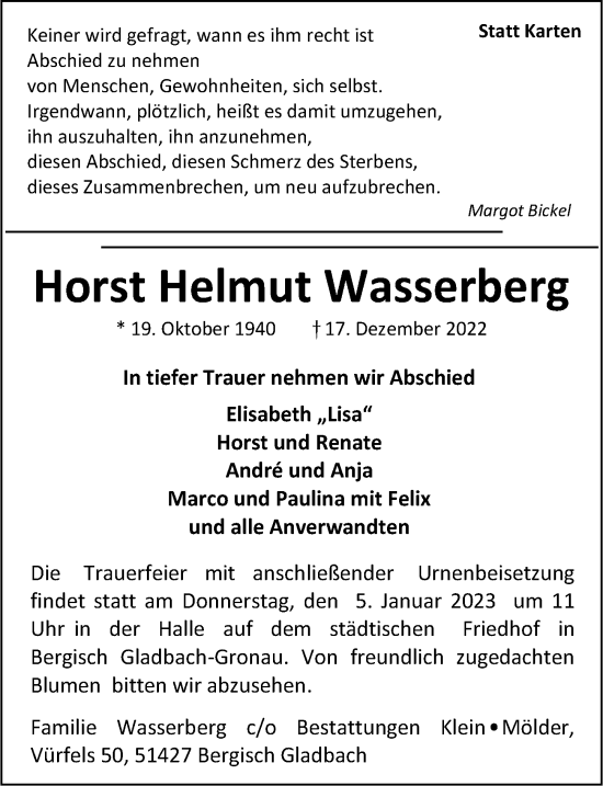 Anzeige von Horst Helmut Wasserberg von  Bergisches Handelsblatt 