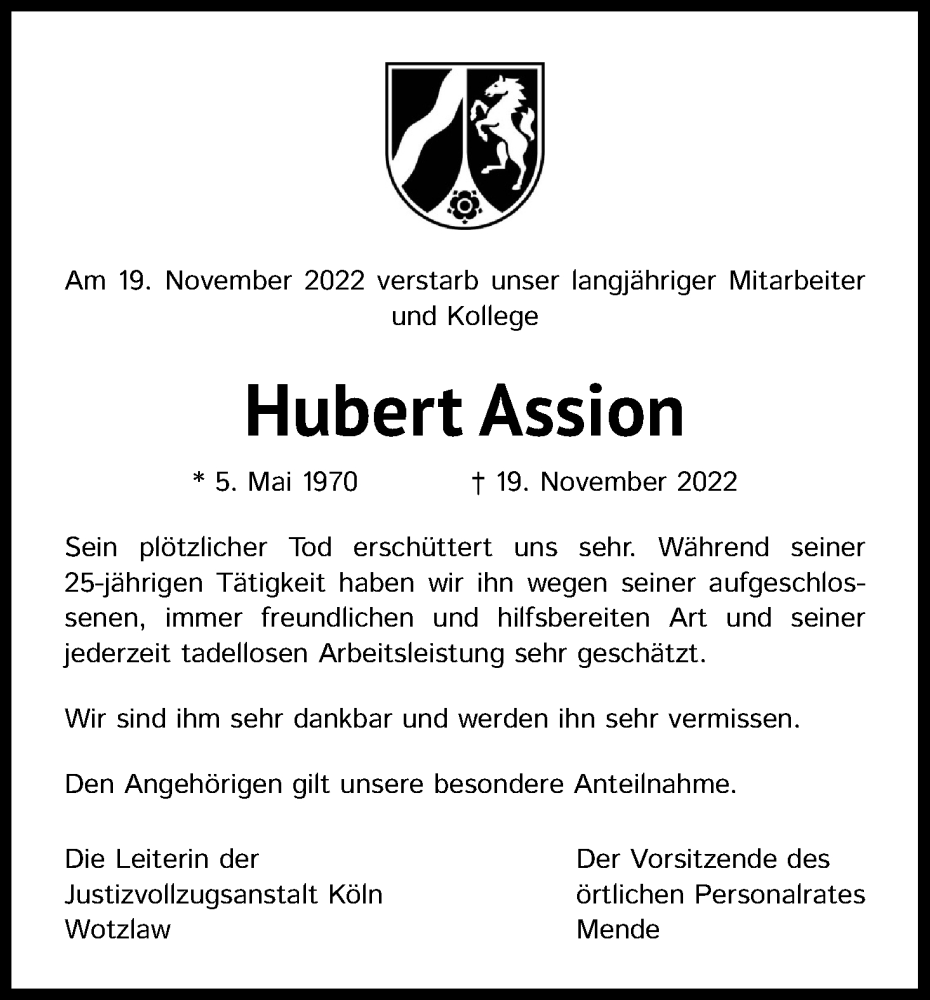  Traueranzeige für Hubert Assion vom 03.12.2022 aus Kölner Stadt-Anzeiger / Kölnische Rundschau / Express