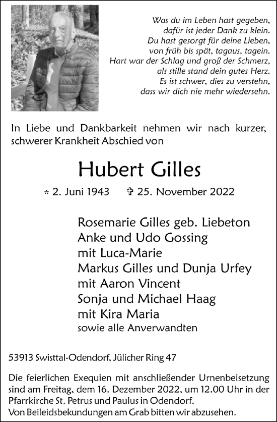 Anzeige von Hubert Gilles von  Schaufenster/Blickpunkt 