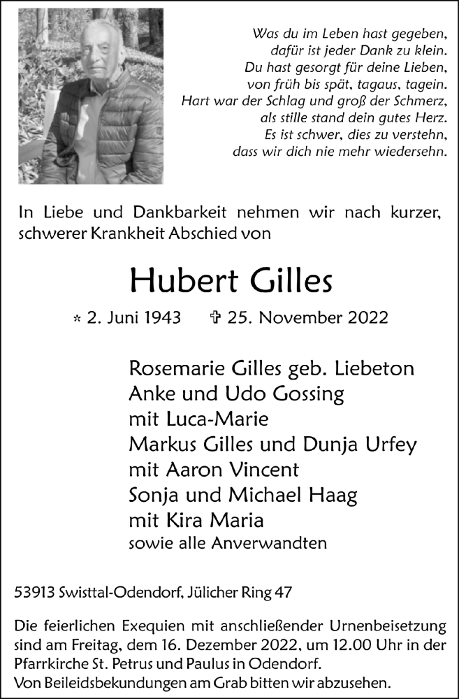  Traueranzeige für Hubert Gilles vom 09.12.2022 aus  Schaufenster/Blickpunkt 