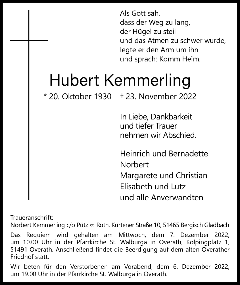  Traueranzeige für Hubert Kemmerling vom 03.12.2022 aus Kölner Stadt-Anzeiger / Kölnische Rundschau / Express