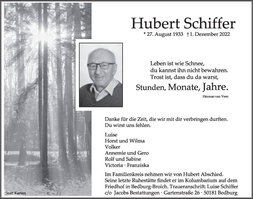 Traueranzeige für Hubert Schiffer vom 16.12.2022 aus  Werbepost 