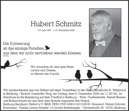 Anzeige von Hubert Schmitz von  Werbepost 