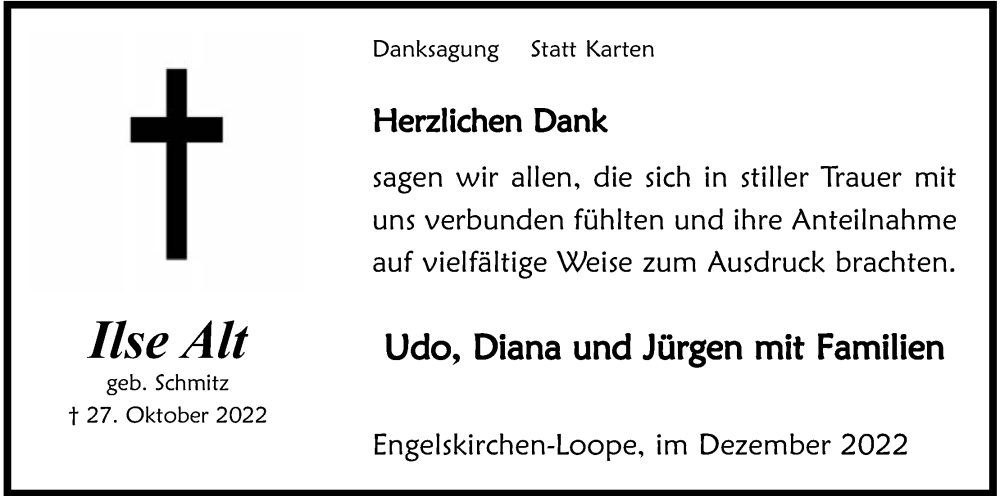  Traueranzeige für Ilse Alt vom 10.12.2022 aus Kölner Stadt-Anzeiger / Kölnische Rundschau / Express
