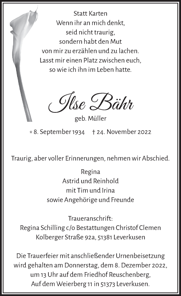  Traueranzeige für Ilse Bähr vom 02.12.2022 aus  Lokale Informationen 