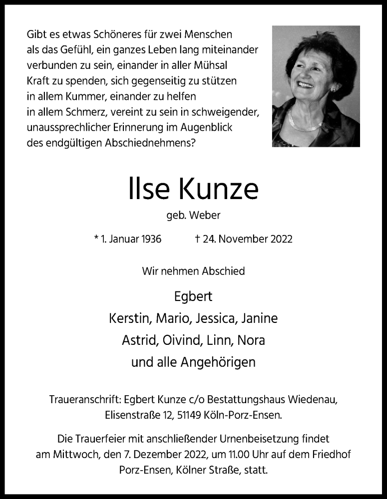  Traueranzeige für Ilse Kunze vom 03.12.2022 aus Kölner Stadt-Anzeiger / Kölnische Rundschau / Express