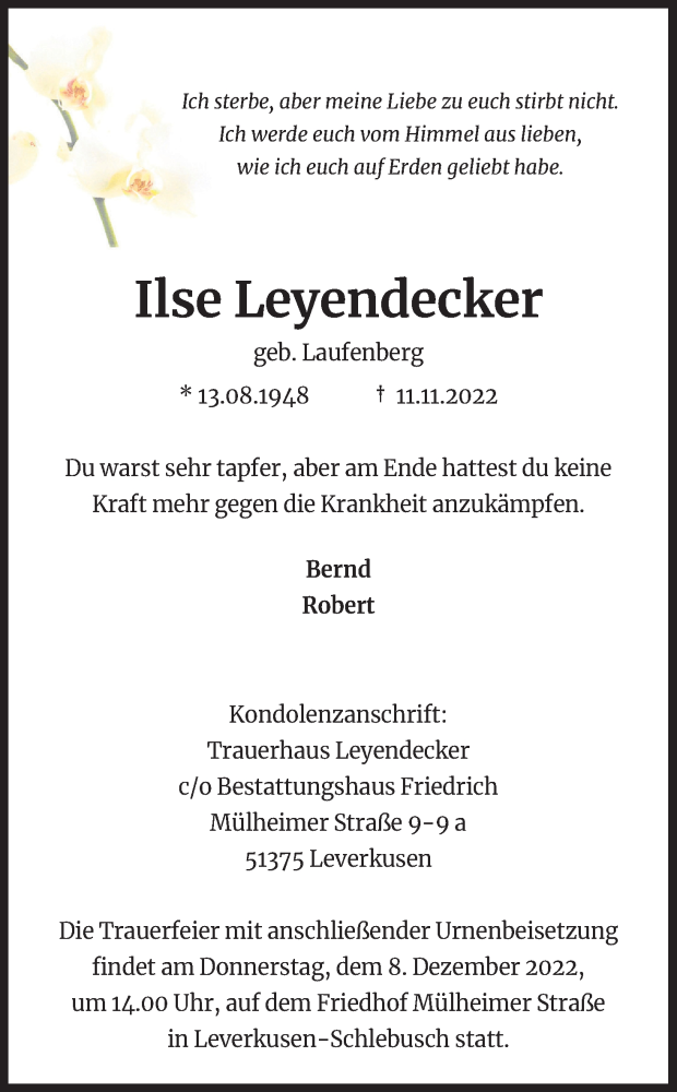  Traueranzeige für Ilse Leyendecker vom 03.12.2022 aus Kölner Stadt-Anzeiger / Kölnische Rundschau / Express