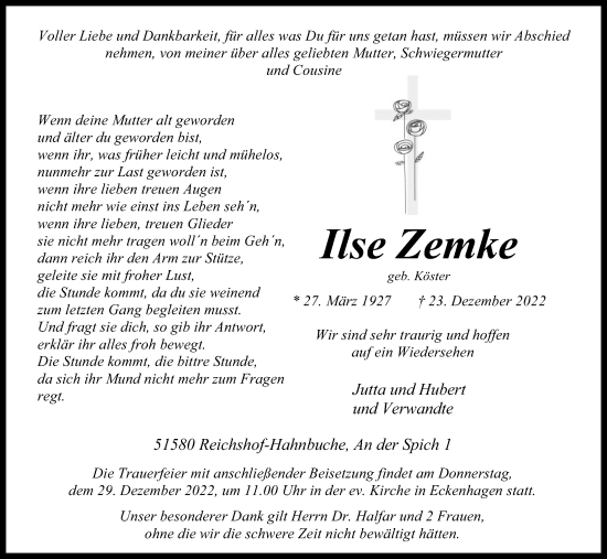Anzeige von Ilse Zemke von Kölner Stadt-Anzeiger / Kölnische Rundschau / Express