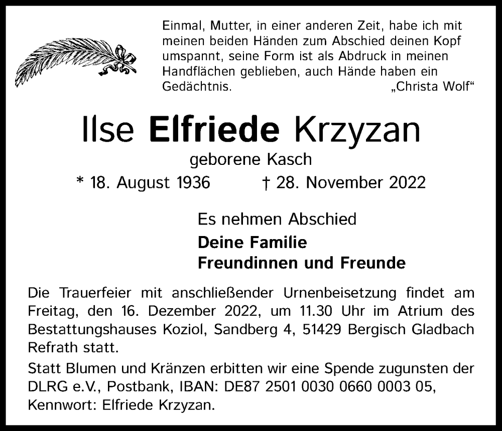  Traueranzeige für Ilse Elfriede Krzyzan vom 10.12.2022 aus Kölner Stadt-Anzeiger / Kölnische Rundschau / Express