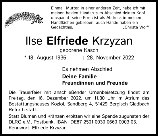 Anzeige von Ilse Elfriede Krzyzan von Kölner Stadt-Anzeiger / Kölnische Rundschau / Express