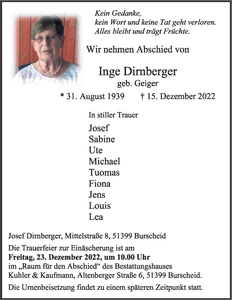  Traueranzeige für Inge Dirnberger vom 17.12.2022 aus Kölner Stadt-Anzeiger / Kölnische Rundschau / Express