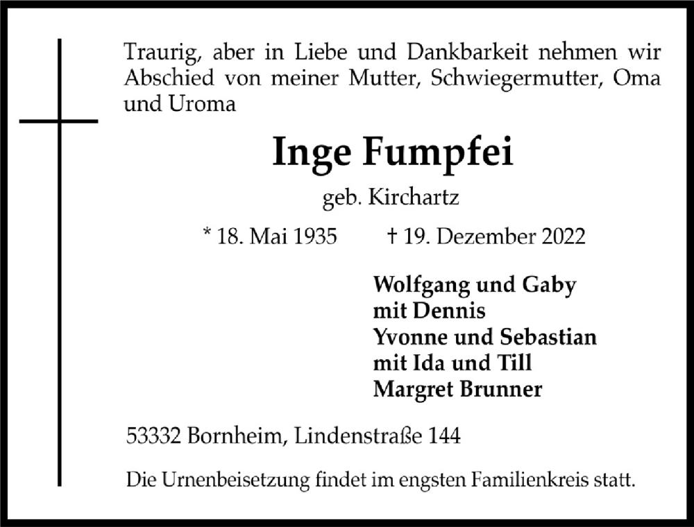  Traueranzeige für Inge Fumpfei vom 22.12.2022 aus  Schlossbote/Werbekurier 