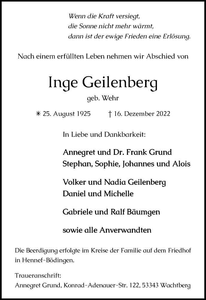  Traueranzeige für Inge Geilenberg vom 31.12.2022 aus Kölner Stadt-Anzeiger / Kölnische Rundschau / Express