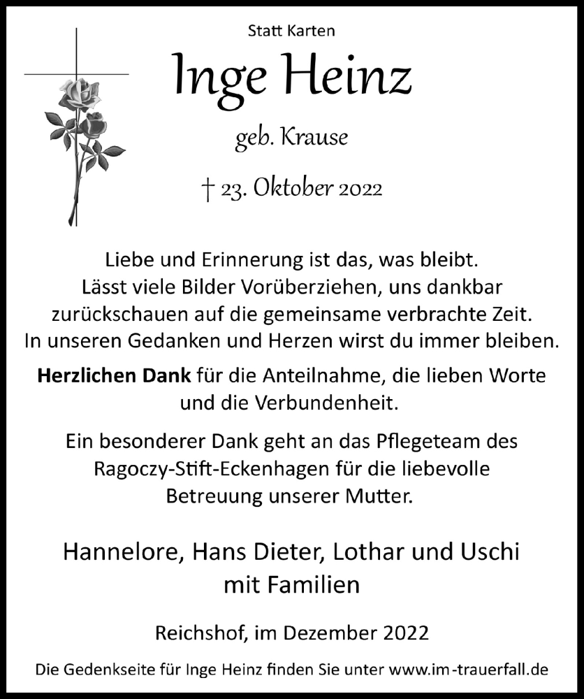  Traueranzeige für Inge Heinz vom 16.12.2022 aus  Lokalanzeiger 