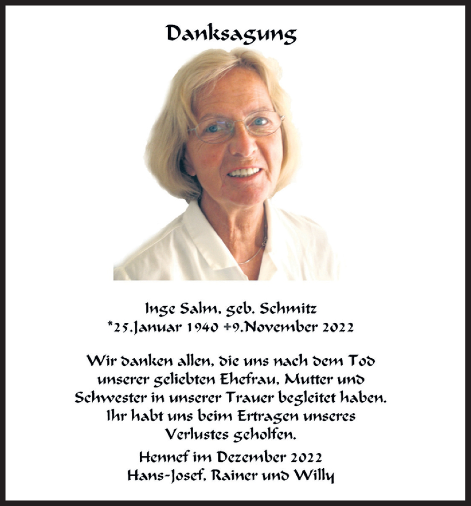  Traueranzeige für Inge Salm vom 24.12.2022 aus Kölner Stadt-Anzeiger / Kölnische Rundschau / Express
