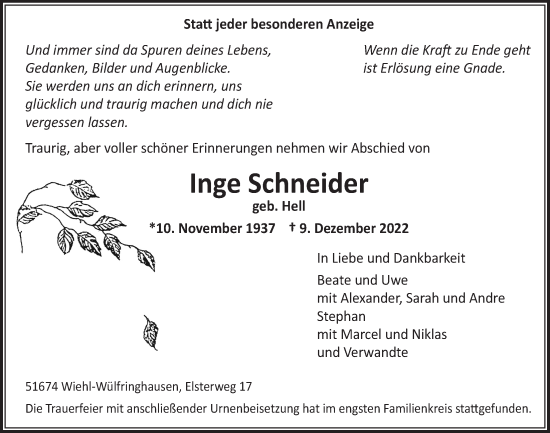 Anzeige von Inge Schneider von  Anzeigen Echo 