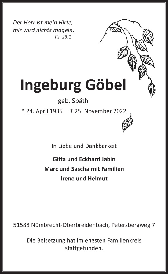 Anzeige von Ingeburg Göbel von  Lokalanzeiger 