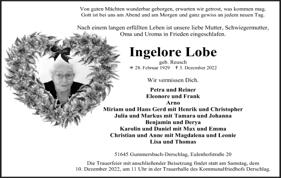 Anzeige von Ingelore Lobe von Kölner Stadt-Anzeiger / Kölnische Rundschau / Express