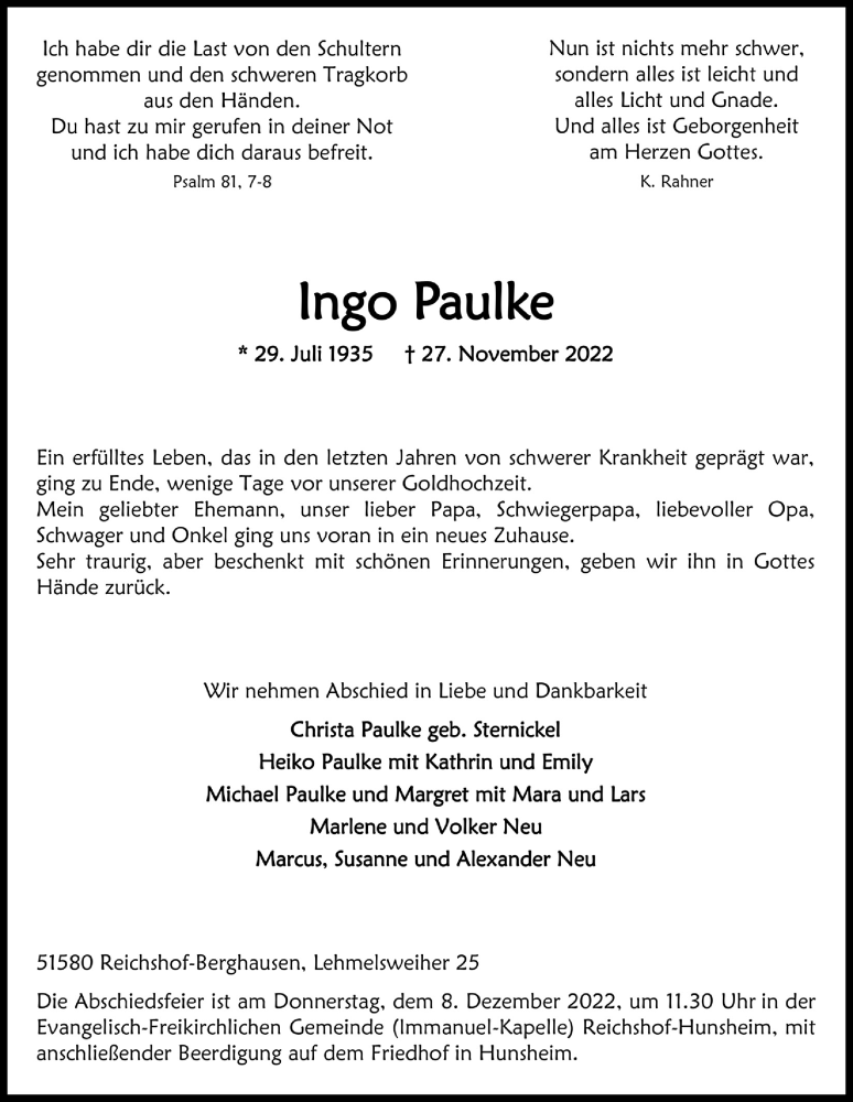  Traueranzeige für Ingo Paulke vom 02.12.2022 aus  Anzeigen Echo 