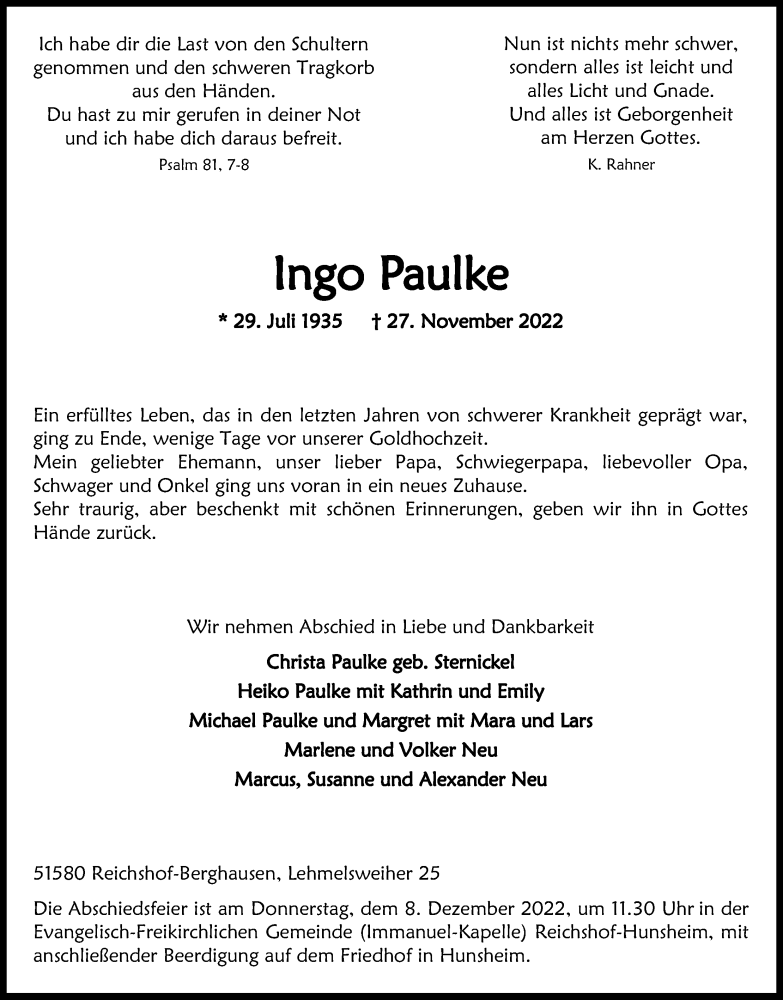  Traueranzeige für Ingo Paulke vom 03.12.2022 aus Kölner Stadt-Anzeiger / Kölnische Rundschau / Express