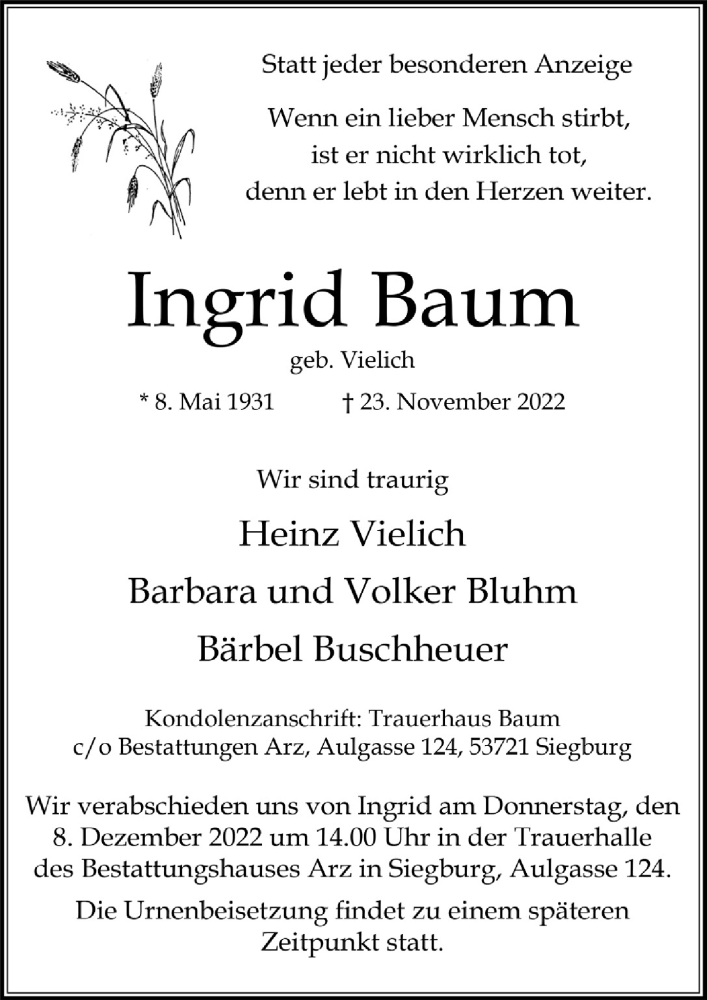  Traueranzeige für Ingrid Baum vom 02.12.2022 aus  Extra Blatt 