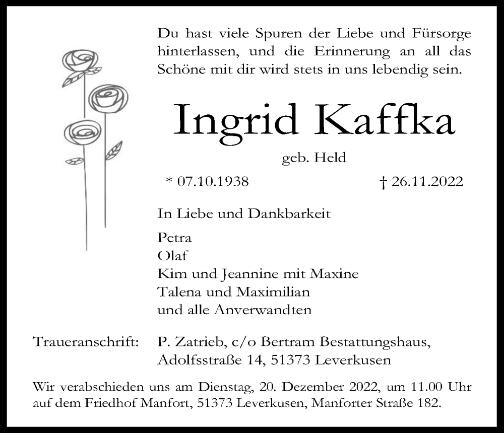  Traueranzeige für Ingrid Kaffka vom 10.12.2022 aus Kölner Stadt-Anzeiger / Kölnische Rundschau / Express