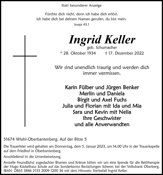 Anzeige von Ingrid Keller von  Anzeigen Echo  Lokalanzeiger 