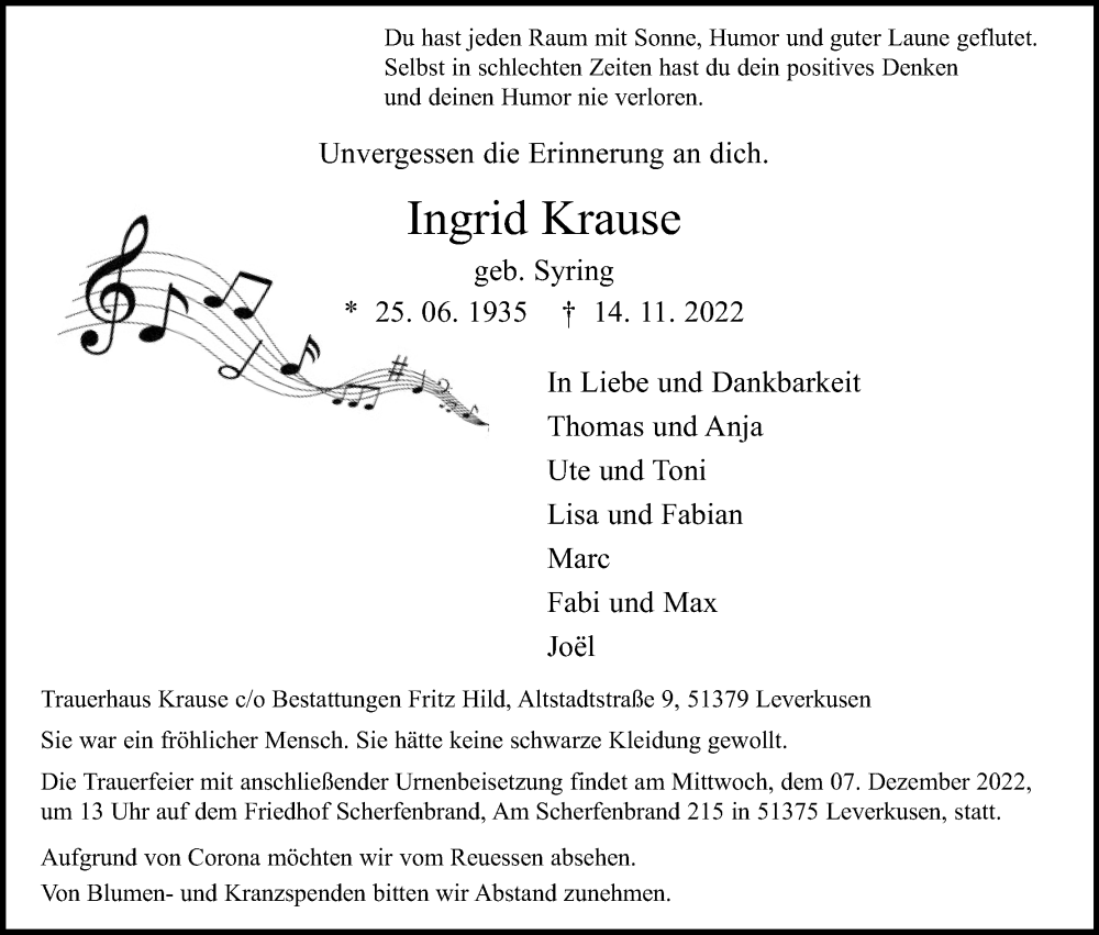  Traueranzeige für Ingrid Krause vom 03.12.2022 aus Kölner Stadt-Anzeiger / Kölnische Rundschau / Express
