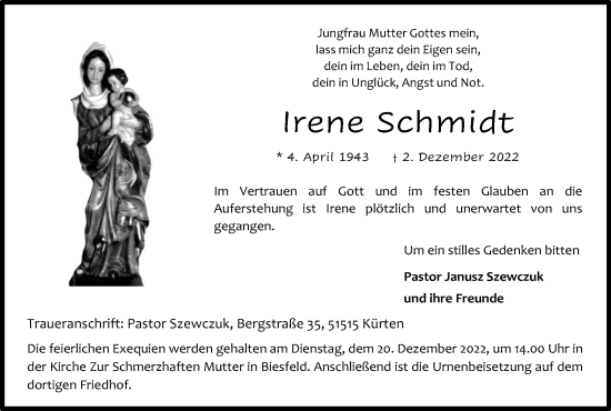 Anzeige von Irene Schmidt von Kölner Stadt-Anzeiger / Kölnische Rundschau / Express