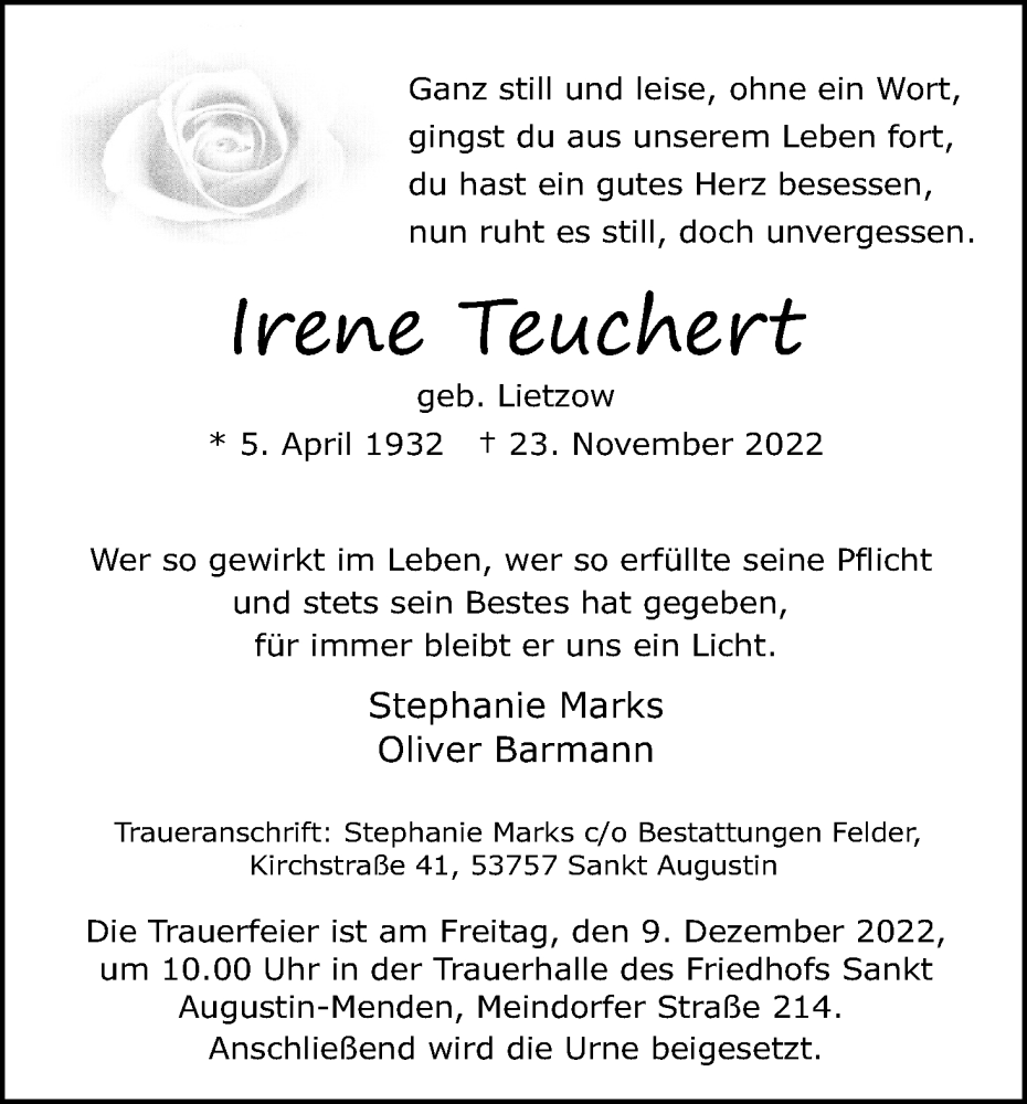 Traueranzeige für Irene Teuchert vom 03.12.2022 aus Kölner Stadt-Anzeiger / Kölnische Rundschau / Express
