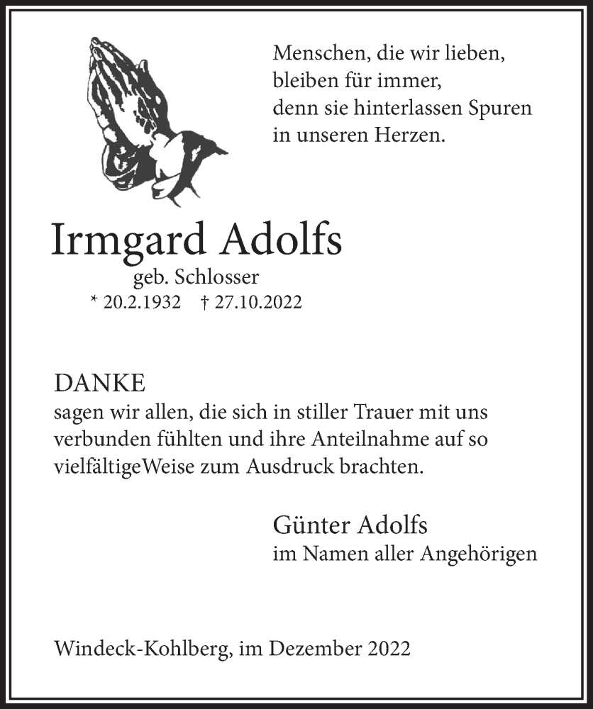  Traueranzeige für Irmgard Adolfs vom 02.12.2022 aus  Lokalanzeiger 