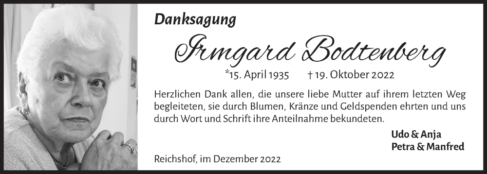  Traueranzeige für Irmgard Bodtenberg vom 16.12.2022 aus  Lokalanzeiger 